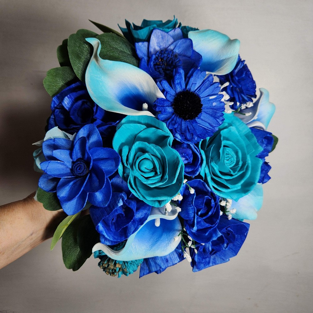 Teal Royal Blue Rose Calla Lily Real Touch Bridal Wedding Bouquet Accessories