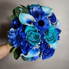 Teal Royal Blue Rose Calla Lily Real Touch Bridal Wedding Bouquet Accessories