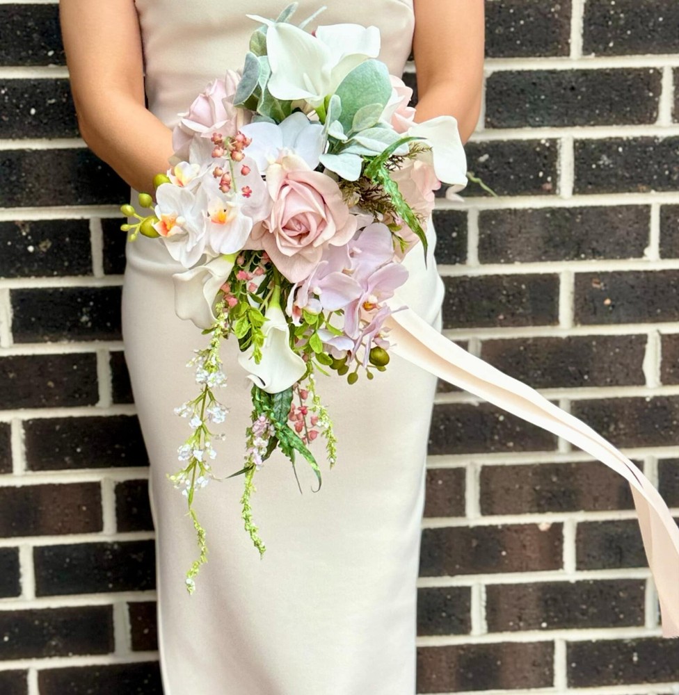 Soft pink & white rose, orchid & lily Wedding Waterfall Bouquet in real touch