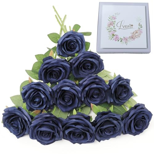 Artificial Rose Flower Flowers Roses Silk Flowers 12 pcs with 12pcs Navy Blue