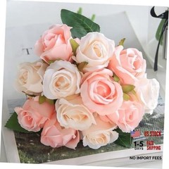 Artificial Roses Flowers 12 Heads Arrangement Silk Bouquet Pink With Champagne