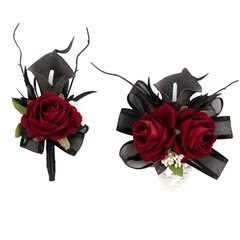 Elegant Black Burgundy Corsage & Boutonniere Set, Artificial Calla Lily Rose, We