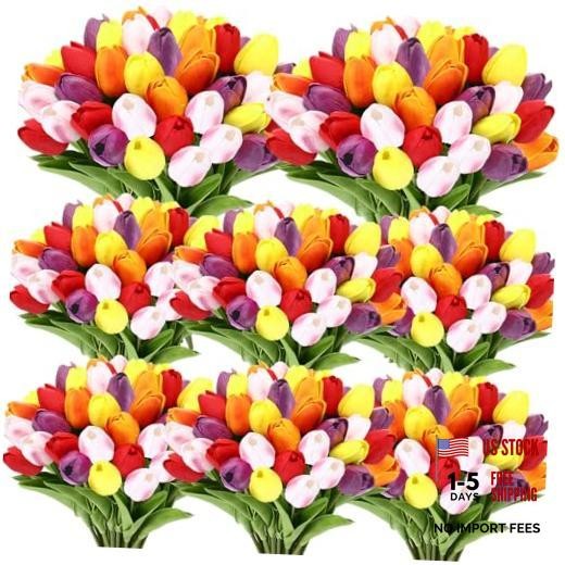 pcs Artificial Tulip Flowers Fake 1 Head 75 Pink, Red, Purple, Orange, Yellow