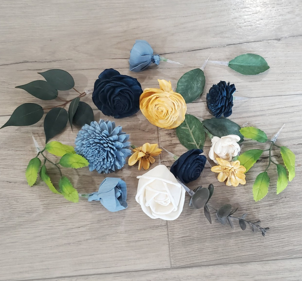 Dusty Blue Gold Cake Flowers Yellow Navy Sola Wood DIY Wedding Topper
