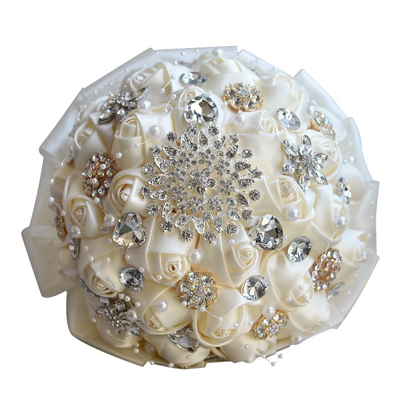 Handmade Luxury Rose Silk Pearls Rhinestone Brooch Wedding Bridal Bouquet Ivory