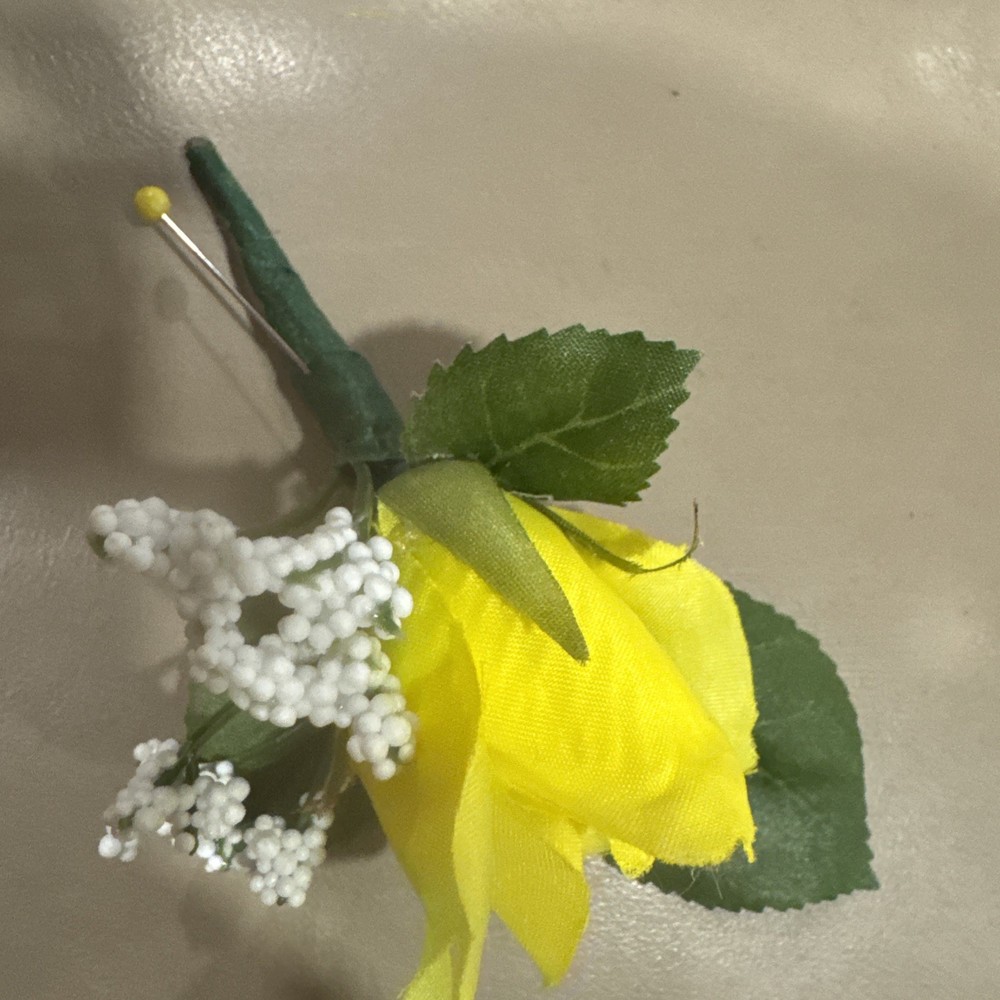 Silk Boutonnière Yellow Flowers & Filler. Yellow Ribbon On Stem Perfect For Prom