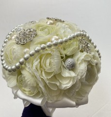 Handmade Wedding Bouquet White Light Green Pearl Artificial Flower Bling Bridal