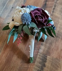 Burgundy Dusty Blue Sola Wood Bridal Bouquet Artificial Cascade Wedding Flowers