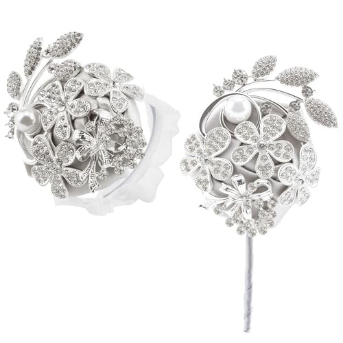 2 Pcs Artificial Corsages Wrists Silver Gray Pearl Diamond Flower Rhinestone