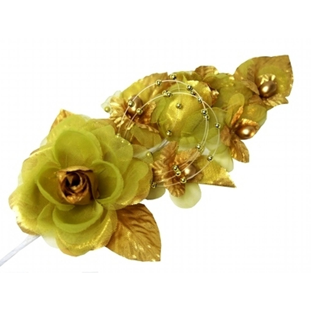 3 gold Silk Pearl & organza flower Corsages 5″x 2.5 with pearl pin