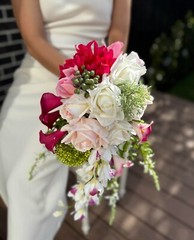 Vibrant rose, orchid & calla lily waterfall Bouquet with real touch artificial