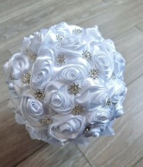 Bridal Bouquet White Satin Rose Brooches for wedding