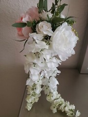 wedding bouquet/pink hand designed has roses ,wisteria free boutiniere 