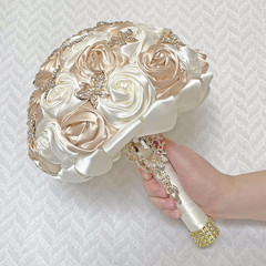 Luxury Handmade Floral Satin Rose Bridal Bouquet with Rhinestones