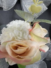 Floral Wrist Corsages – 6 – Roses/carnations with greenery, silver bow & bling