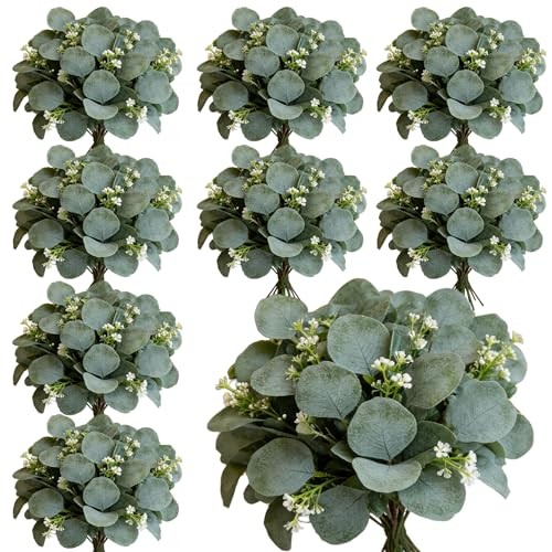 40 Pcs Faux Eucalyptus Leaves Stems Bulk Silver Dollar White Seed Artificial