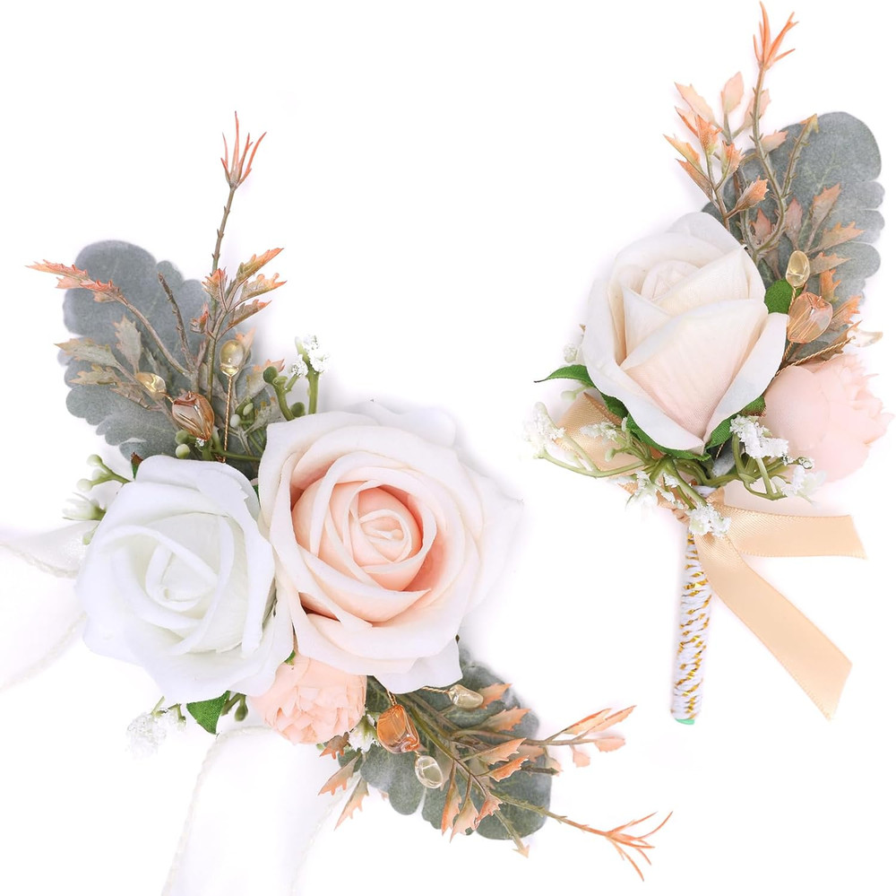 Champagne Corsage and Boutonniere Set for Bride Groom Bridesmaids Groomsmen Wedd