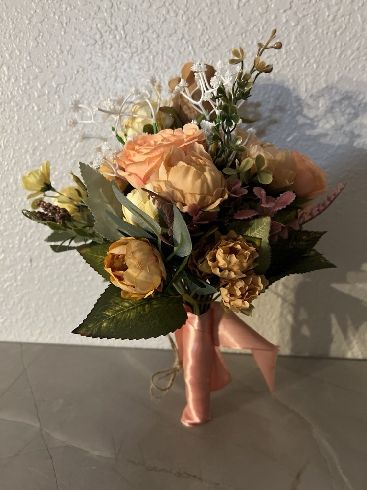 Artificial Rose Bouquet Peach Yellow Ribbon Wrap Wedding Floral Arrangement