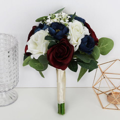 Set of 6 Burgundy & Navy Blue Bridesmaid Bouquets for Wedding Decor