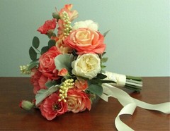 Silk Flower BRIDAL BOUQUET Coral Pink Peach and Green Roses, Poppy, Hydrangea