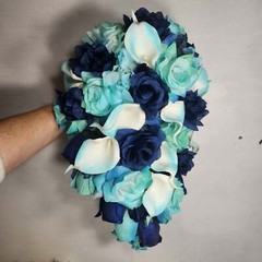 Aqua Navy Blue Rose Calla Lily Bridal Wedding Bouquet Accessories