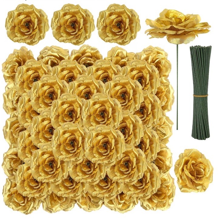 LELEE Rose Head Flowers with Stem – 108pcs Gold