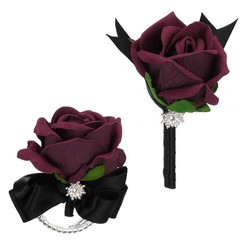 2Pcs Wrist Corsage Boutonnieres Set with Black Ribbon, Wine Red