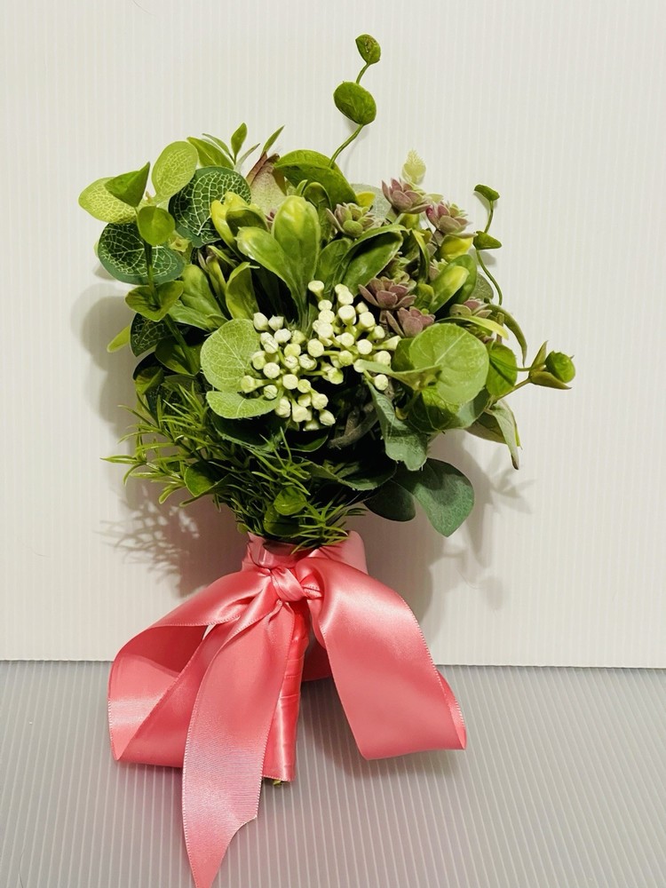 Silk Succulents Eucalyptus Misc Bridal Bouquet Small Pink Satin Ribbon Prom