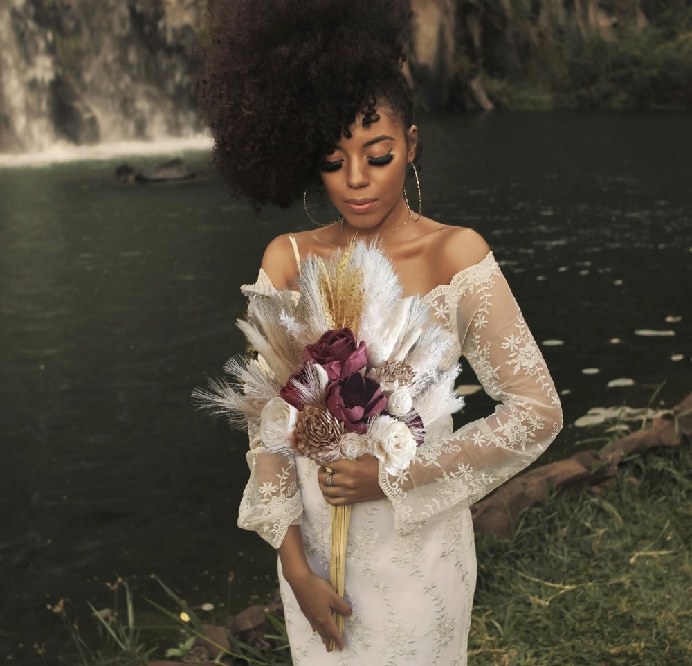 Burgundy Pampas Grass Bridal Bouquet Sola Wood Cream Ivory Wheat BOHO Bridesmaid