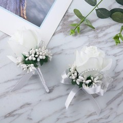 Delicate White Rose Wrist Corsage and Boutonniere Set for Brides and Grooms