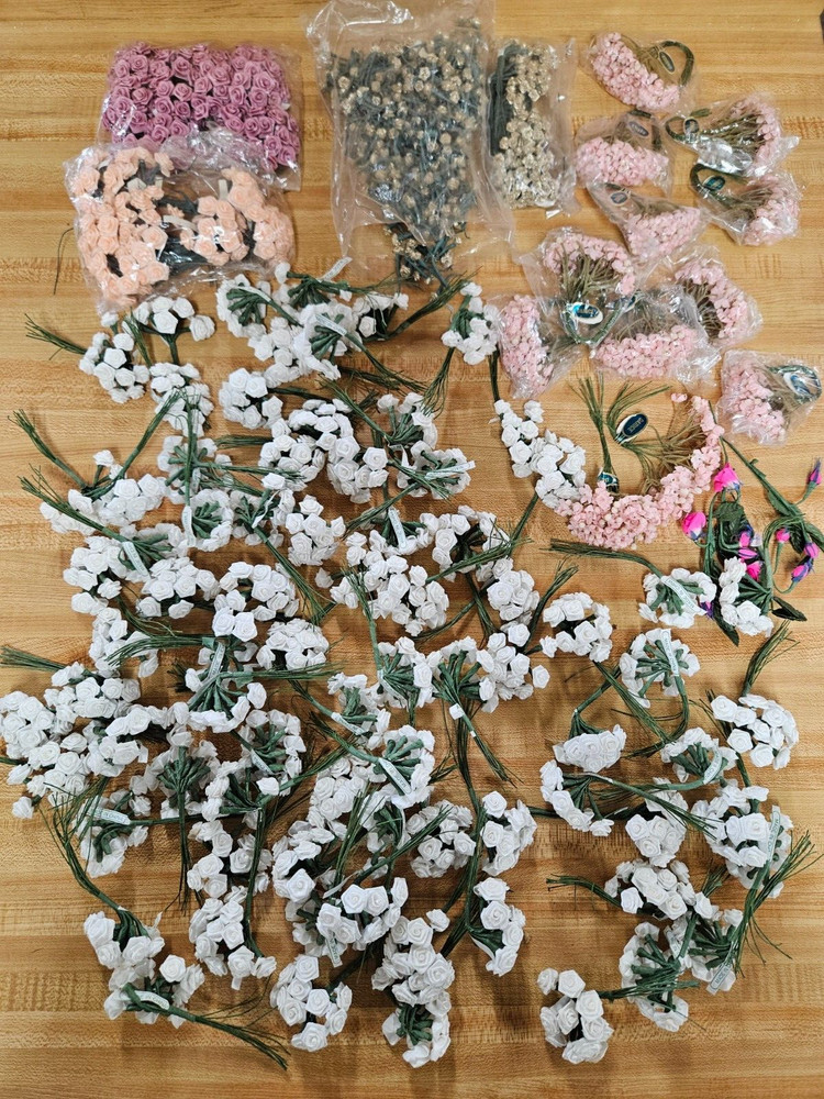 Lot of Satin Ribbon Roses & Silk Baby’s Breath Millinery Flowers on Wire Stem