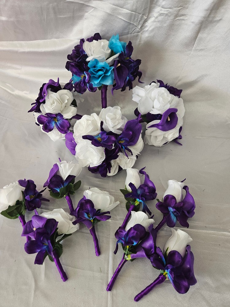 Wedding Bouquet Package, Turquoise, Purple, White, Flower Set 12 Pieces