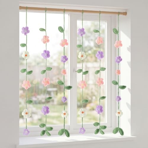 15ft Crochet Flower Garland, 6 Pcs (2.5ft Each) Knitting Yarn Colorful Flowers