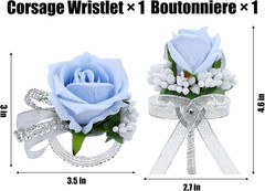 2Pcs Light Blue Rose Corsage and Men Boutonniere Set Women Wristlet Band Wris…
