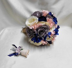 Wedding Silk Flower Bridal Bouquets Package Ivory Grey Navy Blue Pink/Blush