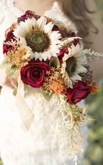 9 Inch Vintage Sunflower Wedding Bouquets for Bride Artificial Burgundy Rose