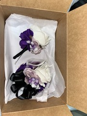 Corsage And Boutonierre Set Purple Black Accents White Rose/Lily In Gift Box