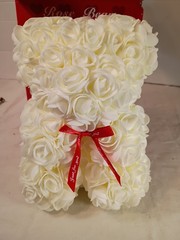 White Artificial Silk Roses Rose Bear With Red Ribbon. A-23