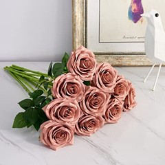 Artificial Rosepcs Open Flower Bouquet Faux Rose Stems for 10 Dusty Rose