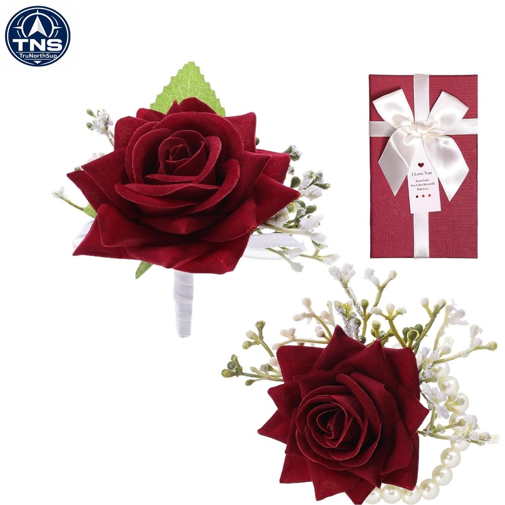 Silk Red Rose Corsage and Boutonniere Set for Prom Wedding Party Gift Box