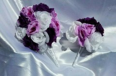 20 Pc Wedding Bouquet Set, Purple Roses, Lavender Roses, White Roses