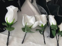 Wedding Bouquet Set, Black & White Roses, Black Velvet Bows, 21 Pc Flowers