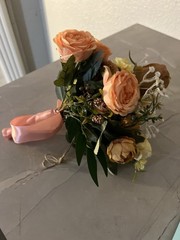 Artificial Rose Bouquet Peach Yellow Ribbon Wrap Wedding Floral Arrangement