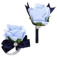 2Pcs Wrist Corsage Boutonnieres Set with Navy Blue Ribbon, Light Blue