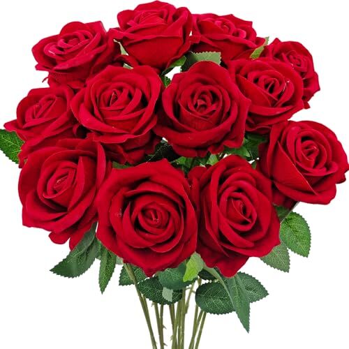 12 Pcs Velvet Rose Artificial Flowers with Long Stems, Real Touch Fake Red