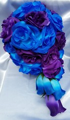 22 PC Wedding Bouquet Package, Purple & Blue & Black, Cascading Wedding Bouquet
