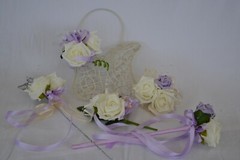 Wedding bouquet posy flowers in LILAC. Flower girl wand, grooms buttonhole