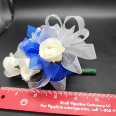 5 White Rose Boutonnaire Corsage White & Blue Ribbons 5″ Handmade Prom Holiday