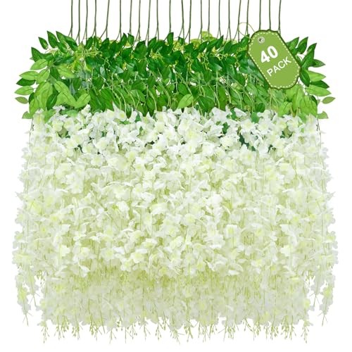 40 Pack Wisteria Hanging Flowers, Fake Flowers for Decoration, 40 Pcs White