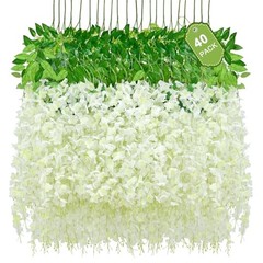 40 Pack Wisteria Hanging Flowers, Fake Flowers for Decoration, 40 Pcs White